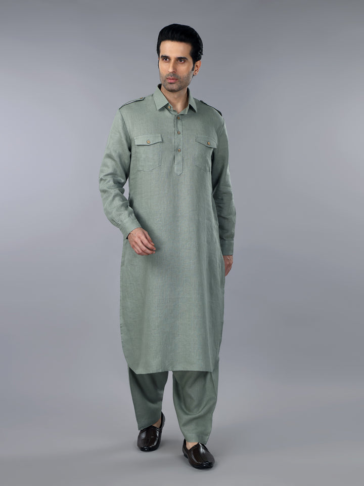 Gothilo Sage Green Linen Pathani Suit