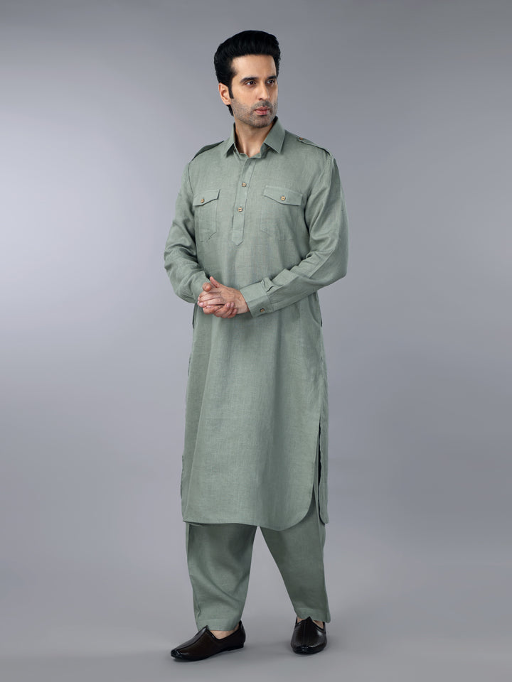 Gothilo Sage Green Linen Pathani Suit