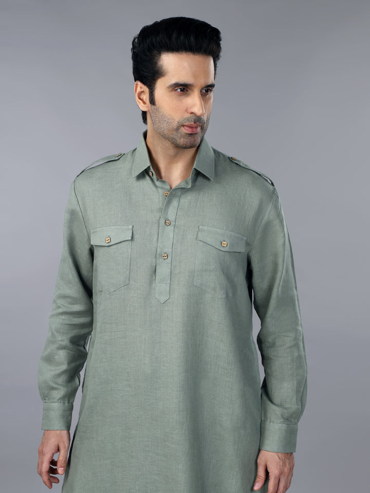 Gothilo Sage Green Linen Pathani Suit