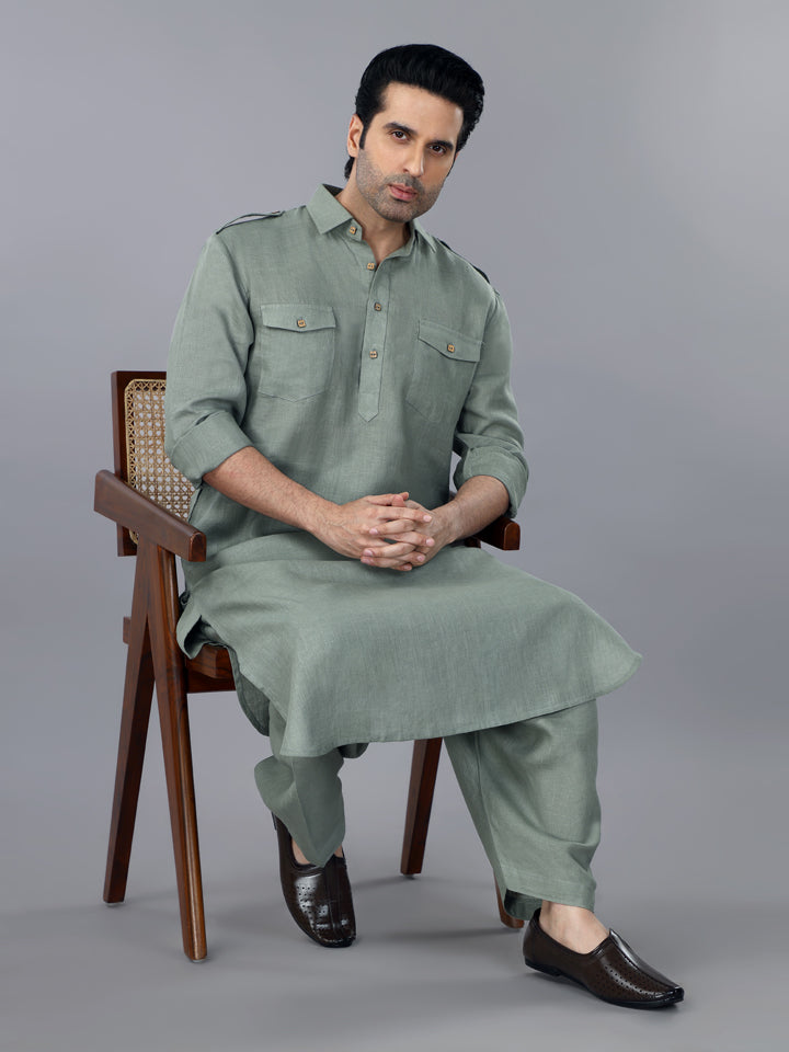 Gothilo Sage Green Linen Pathani Suit