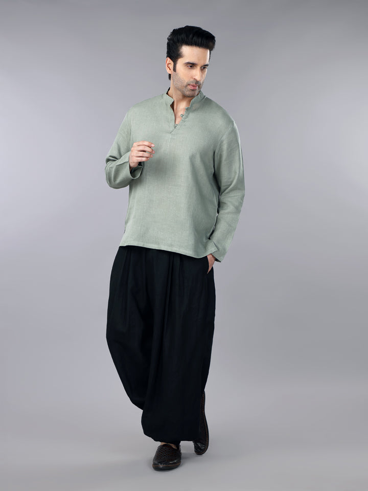 Gothilo Sage Green Linen Short Kurta & Balloon Pant Set