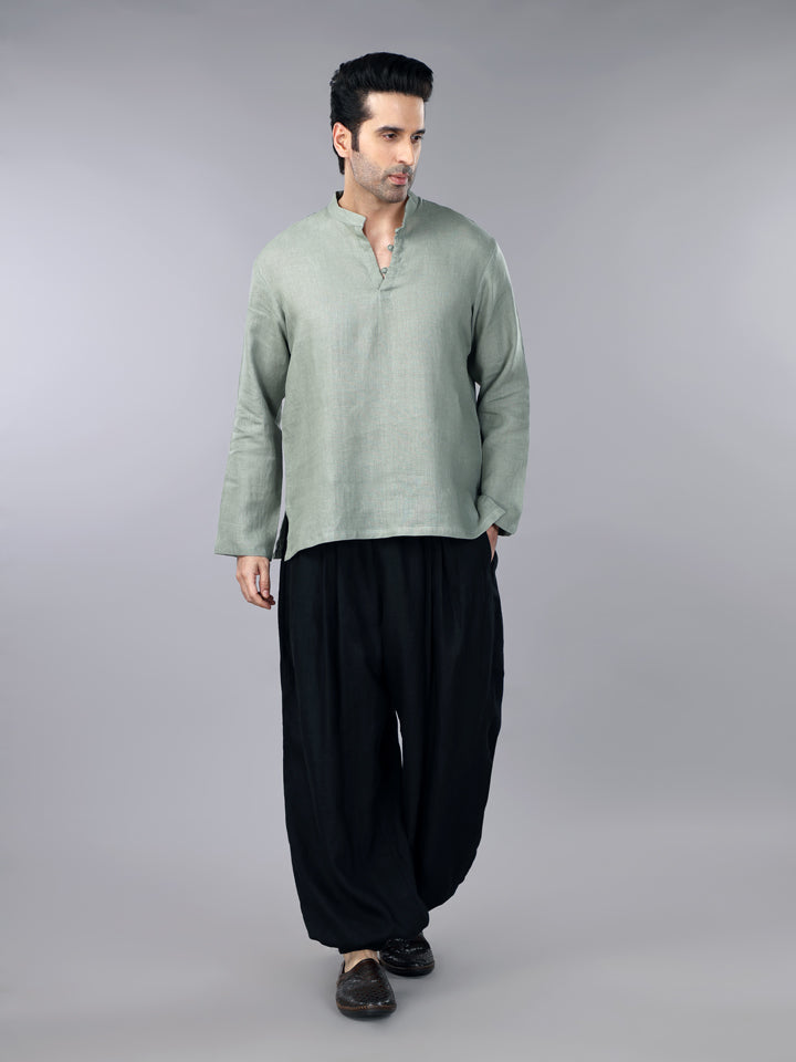 Gothilo Sage Green Linen Short Kurta & Balloon Pant Set