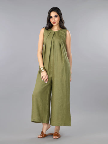 Gothilo Olive Linen Pleated Jumpsuit
