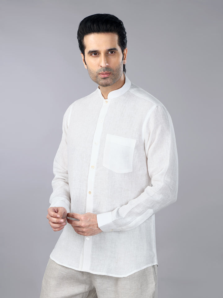 Gothilo Ivory Linen Band Collar Shirt