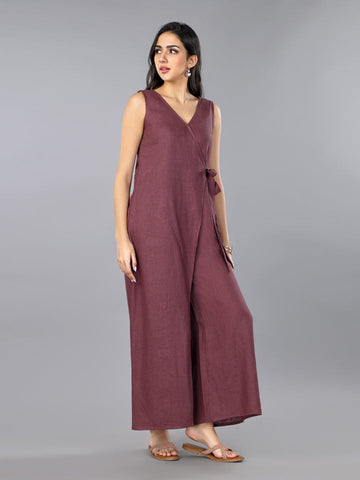 Gothilo Plum Linen Overlap Jumpsuit