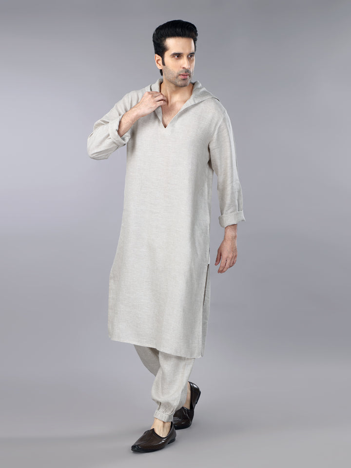 Gothilo Natural Linen Hoodie Kurta Set