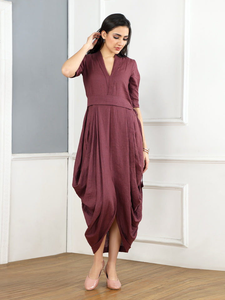 Gothilo Plum Linen Cowl Dress