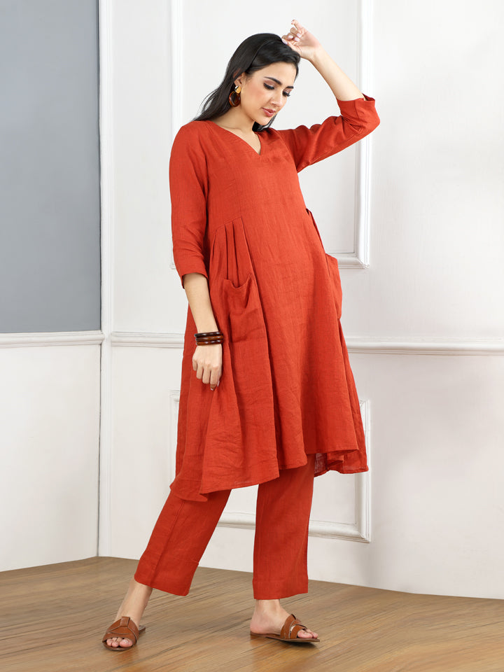Gothilo Burnt Orange Linen Pleated Kurta Set