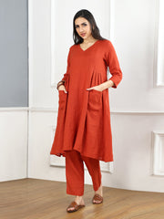 Gothilo Burnt Orange Linen Pleated Kurta Set