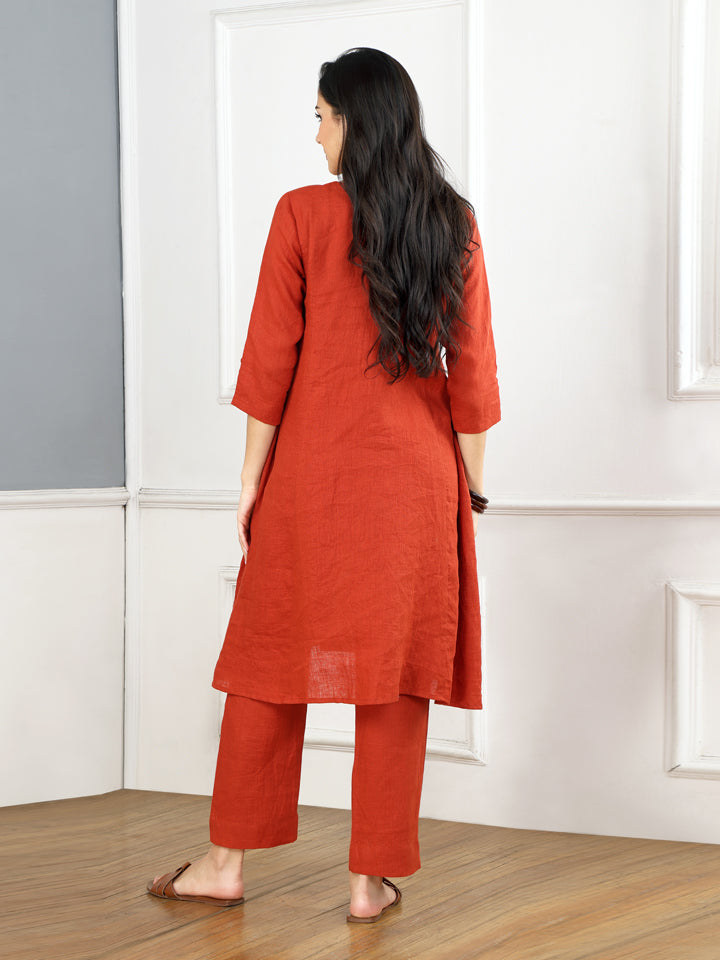 Gothilo Burnt Orange Linen Pleated Kurta Set
