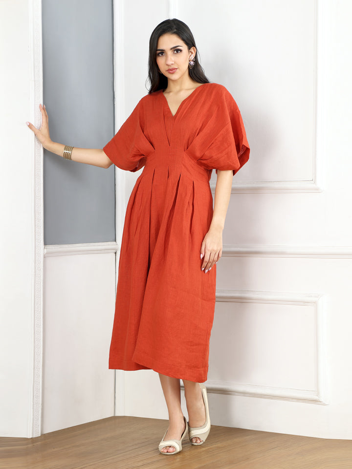 Gothilo Burnt Orange Linen Puff Dress