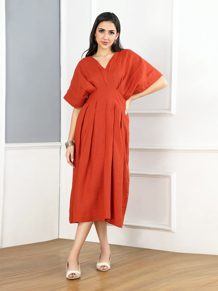 Gothilo Burnt Orange Linen Puff Dress