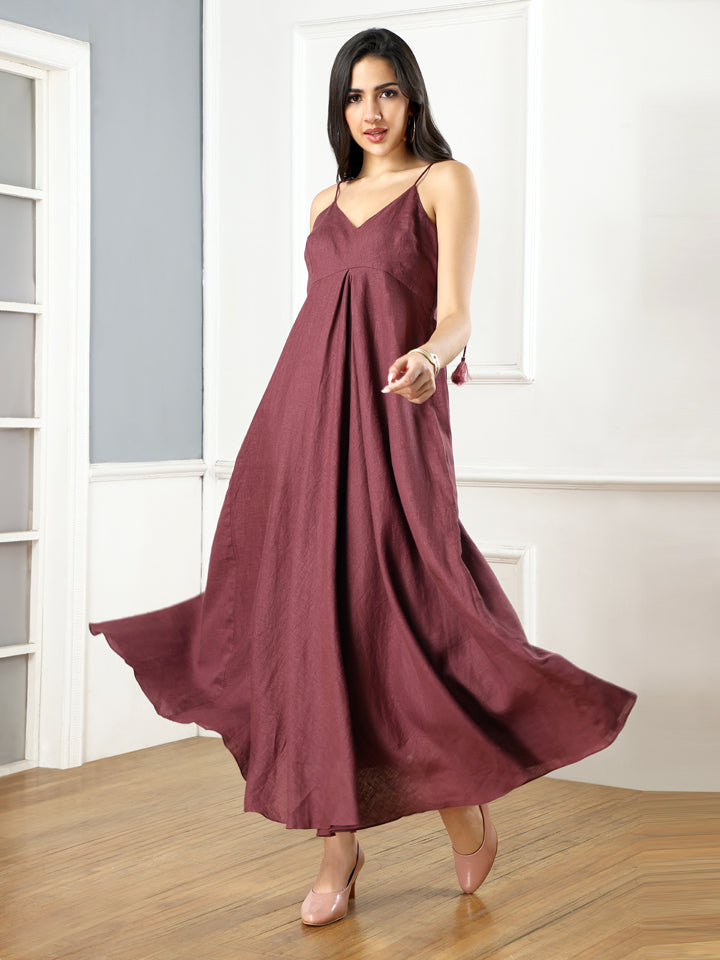 Gothilo Plum Linen Flared Maxi Dress