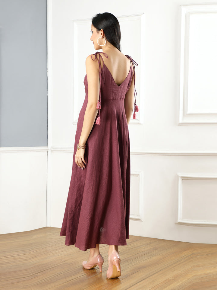Gothilo Plum Linen Flared Maxi Dress