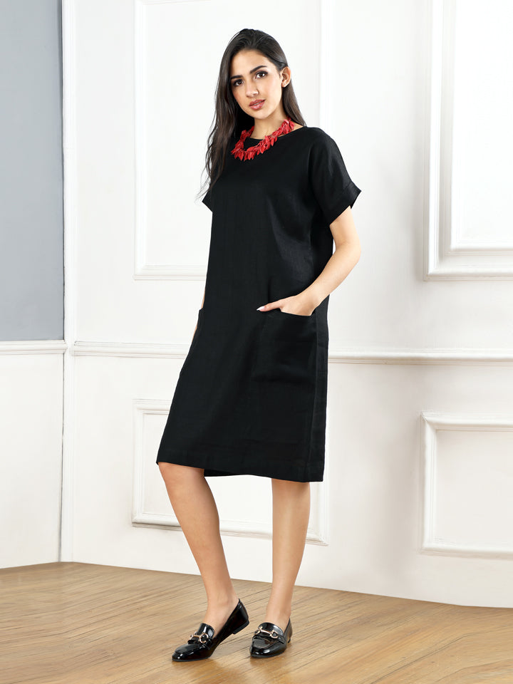 Gothilo Pitch Black Linen Pocket Dress & Shirt Set