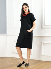 Gothilo Pitch Black Linen Pocket Dress