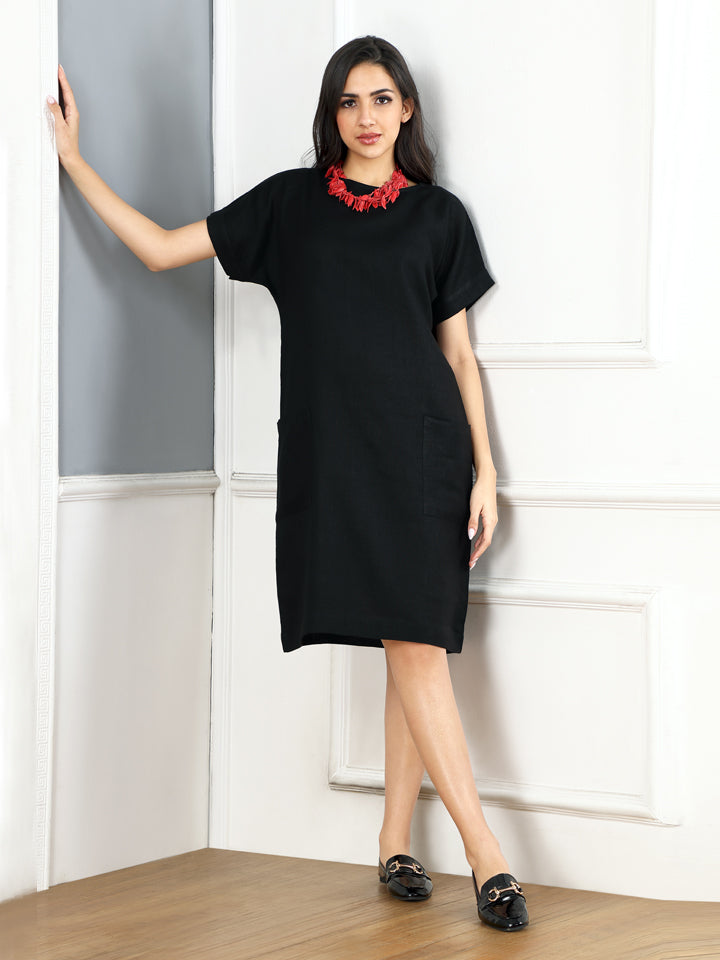 Gothilo Pitch Black Linen Pocket Dress