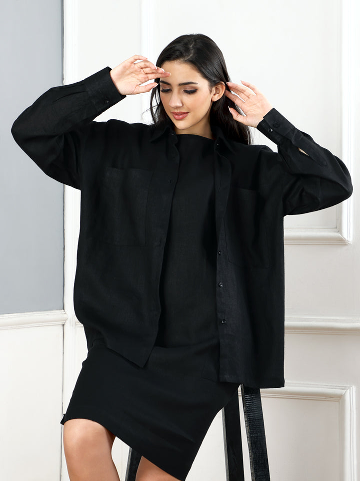 Gothilo Pitch Black Linen Oversized Shirt