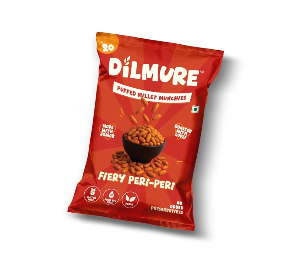 Dilmure Jowar Puffs – Fiery Peri Peri Millet Munchies 25G | Roasted Not Fried Snacks For Kids & Adults | No Preservatives, No MSG, No Maltodextrin | Palm Oil Free | Zero Cholestrol, Zero Transfat | Healthy Indian Snack (Pack of 15)