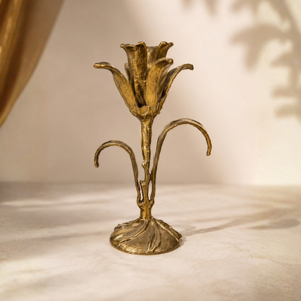 Kali Candle Stand | Budding Lily Brass Candle Holder | Gold Finish