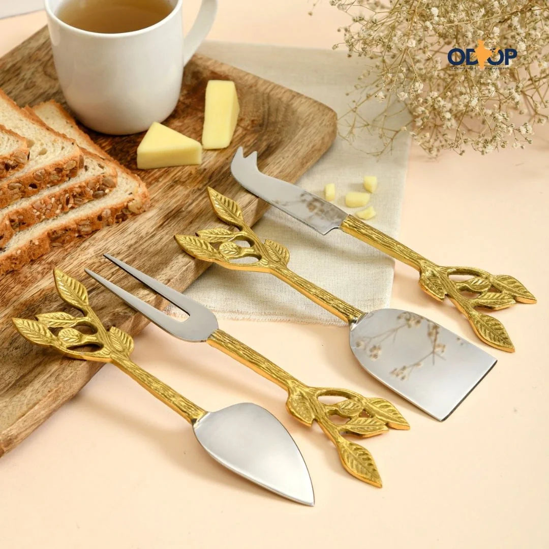Pravaah Patram Cheese and Serving Knives | Stainless Steel and Lead Free Brass | Lead Design | Set of 4