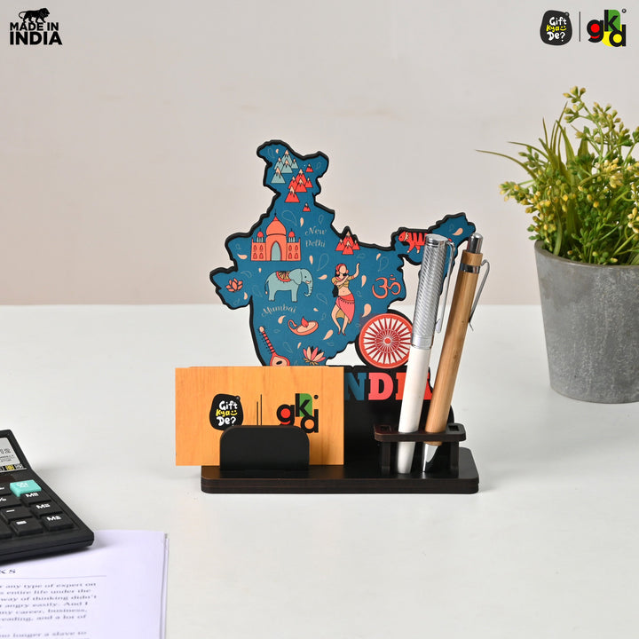 Gift Kya De India Map Desk Table Top with Pen Holder & Visiting Card Stand – Showcasing Iconic Places, Pride Animals, and Culture | Patriotic Gifts for Republic Day & Independence Day