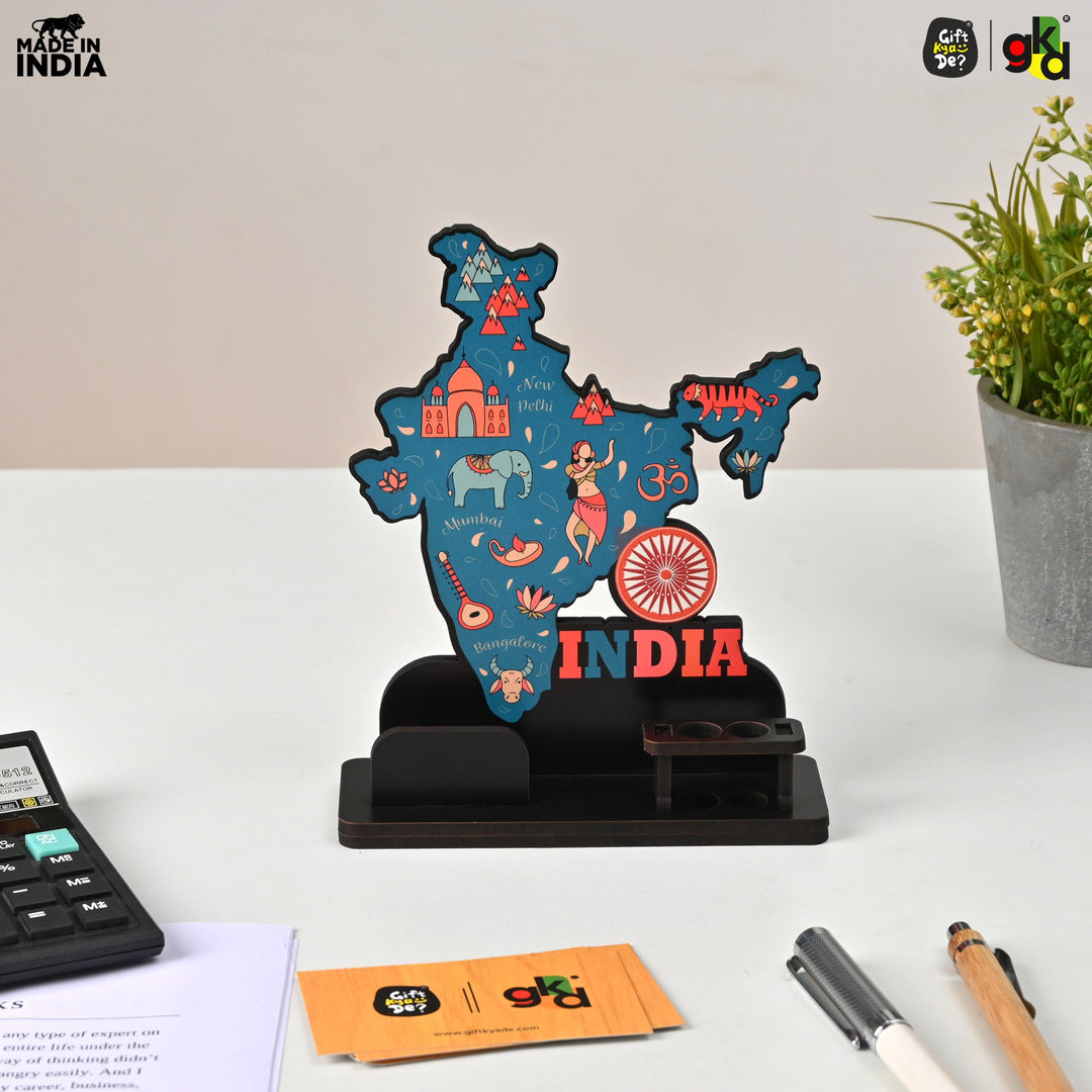 Gift Kya De India Map Desk Table Top with Pen Holder & Visiting Card Stand – Showcasing Iconic Places, Pride Animals, and Culture | Patriotic Gifts for Republic Day & Independence Day