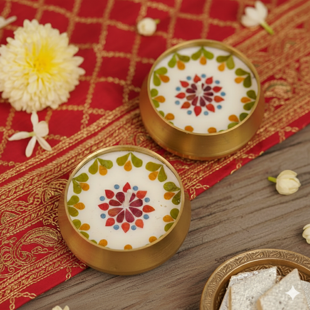 Pressed Flower Brass Urli Diyas Set of 2 | Decorative Brass Lamps