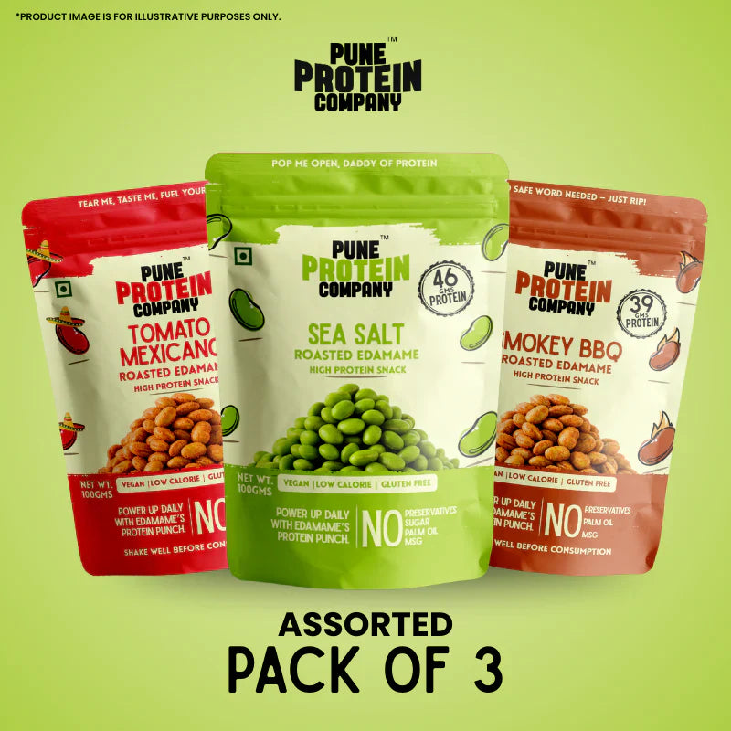 Pune Protein Roasted Edamame – Assorted Pack of 3 | Sea Salt, Smoky BBQ & Tomato Mexicona