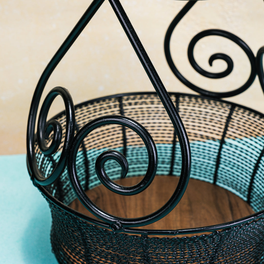Ireka Homes Swirl Basket – Handcrafted Acacia Wood & Metal Storage Basket – Sturdy 2-Tier Organizer for Fruits, Vegetables & Kitchen Essentials