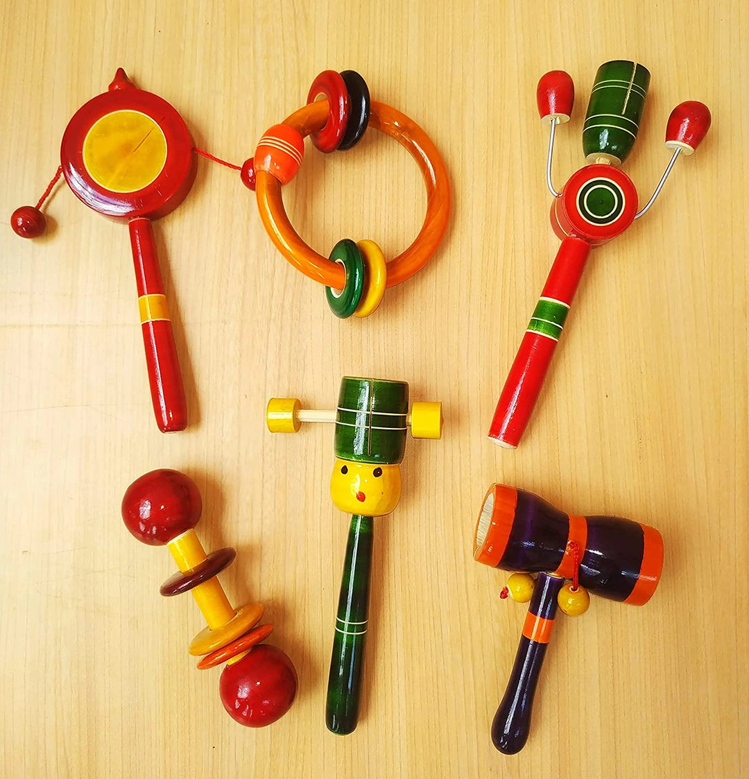 Channapatna Toys Wooden Rattles for Baby, Infants, New Born Babies Toys, Kids (0+ Years) - Set of 6 pcs - Multicolor - Discover Sounds, Develops Sensory Skills