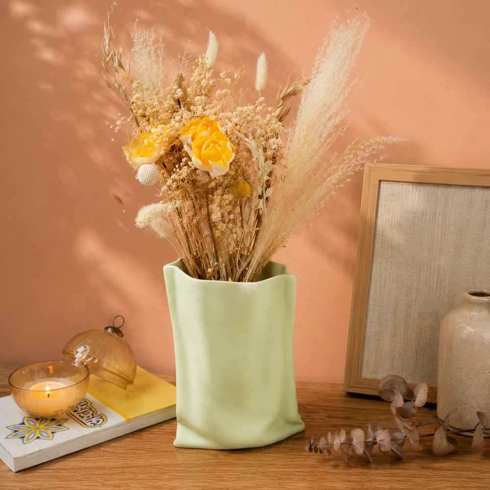 Matcha Muse Sculpted Vase with Dried Flowers | Modern Decorative Vase
