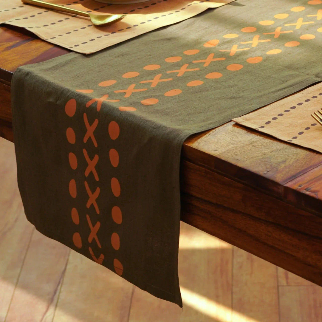Pravaah Block printed table runner - Kaincha | pure hemp