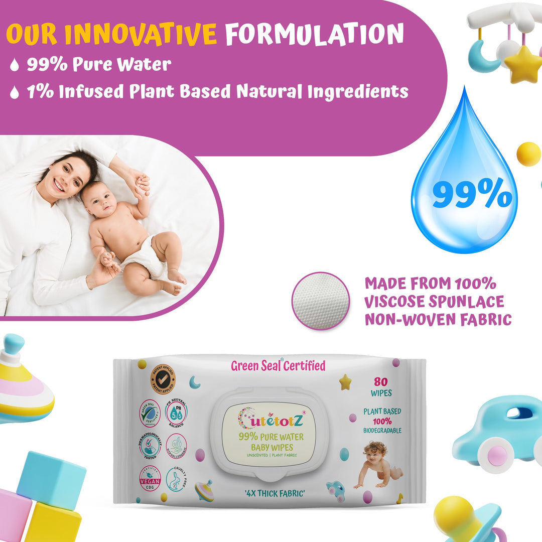 CutetotZ® Baby Wipes - Plant based, 100% Biodegradable, Green Seal® Certified, 99% Water Wipes