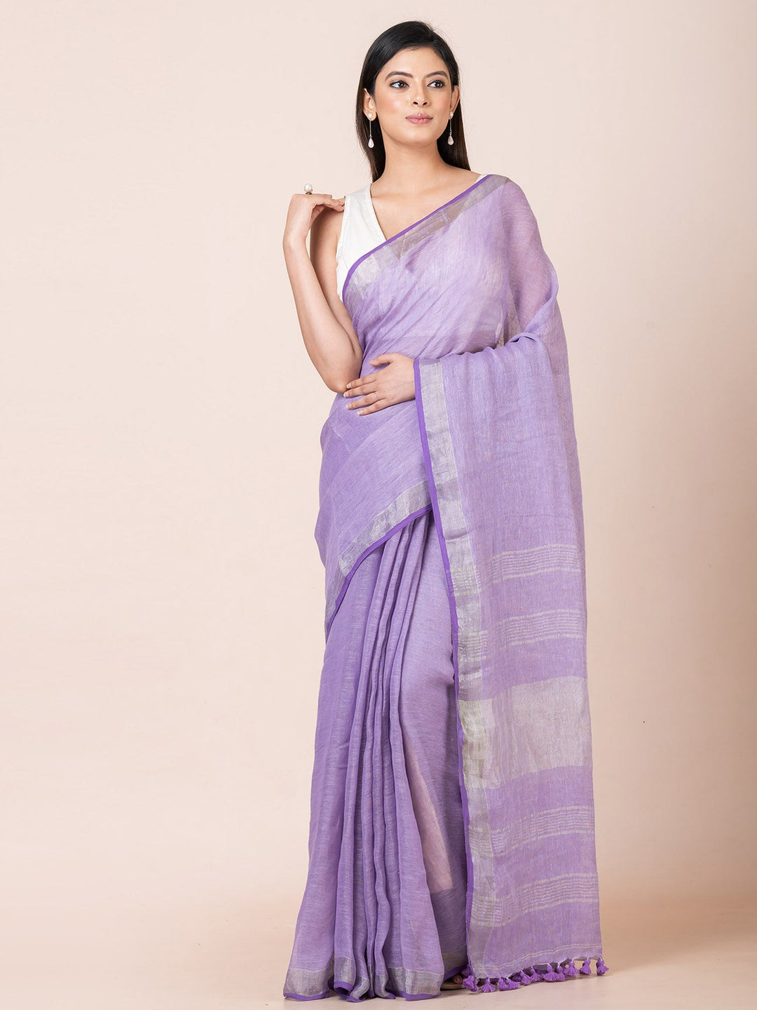 OCAU Blue Oasis - Pure Linen Solid Saree With Zari Border Without Blouse Piece II Dusty Blue