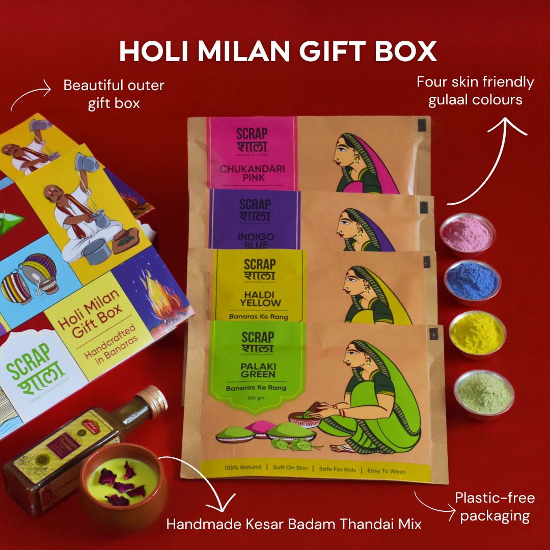 Scrapshala Holi Milan Gift Box | Four Packs of Natural Gulaal | Thandai Mix | Safe for Kids | Handmade in Banaras