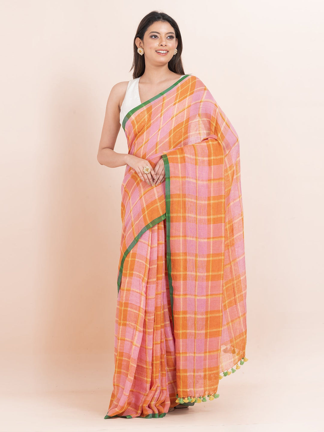 OCAU Citrus Dream - Pure Linen Checkered Saree With Blouse Piece  l Tangerine