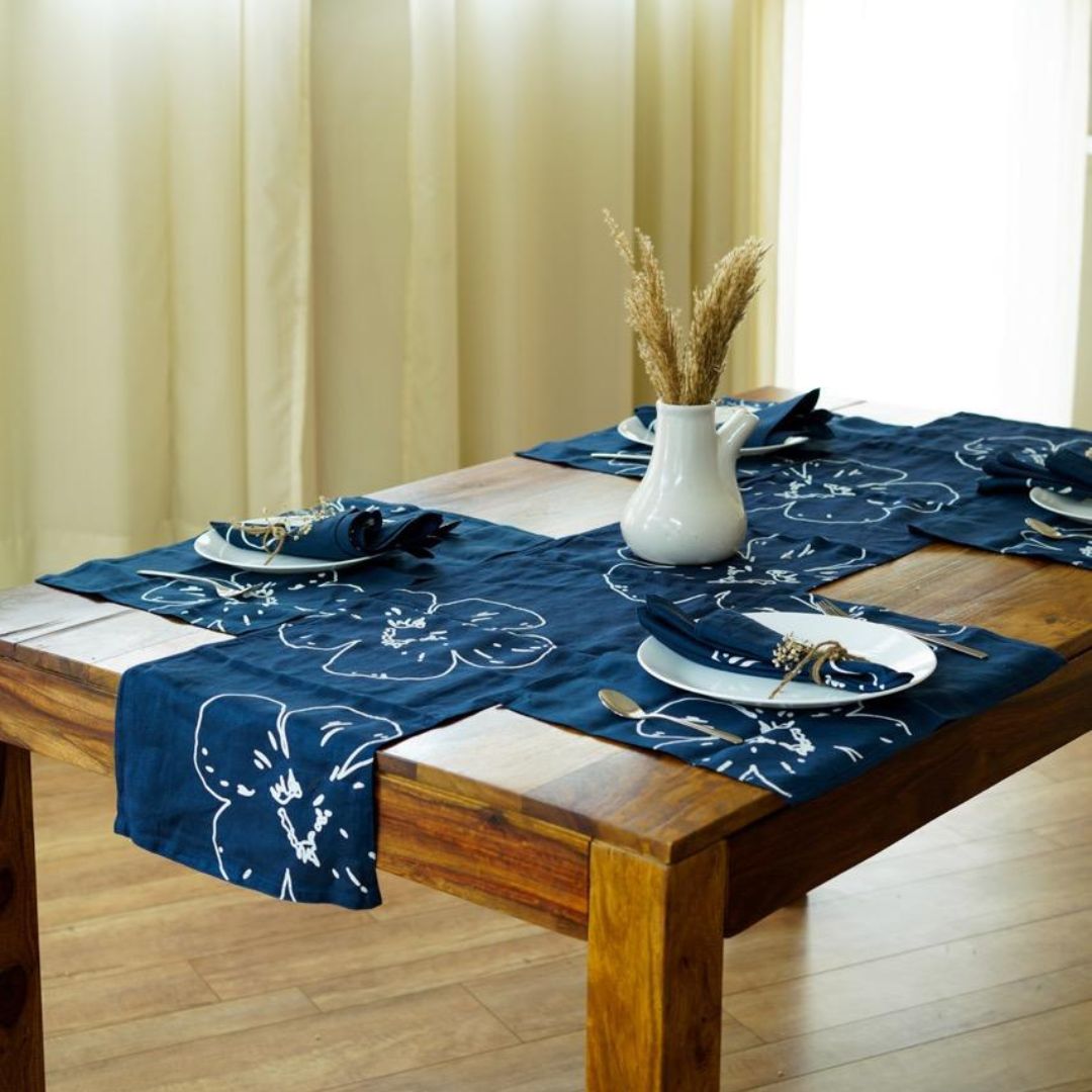 Pravaah Prasoon table linen set | pure hemp | table runner, napkins and placemats | hand printed in small batches