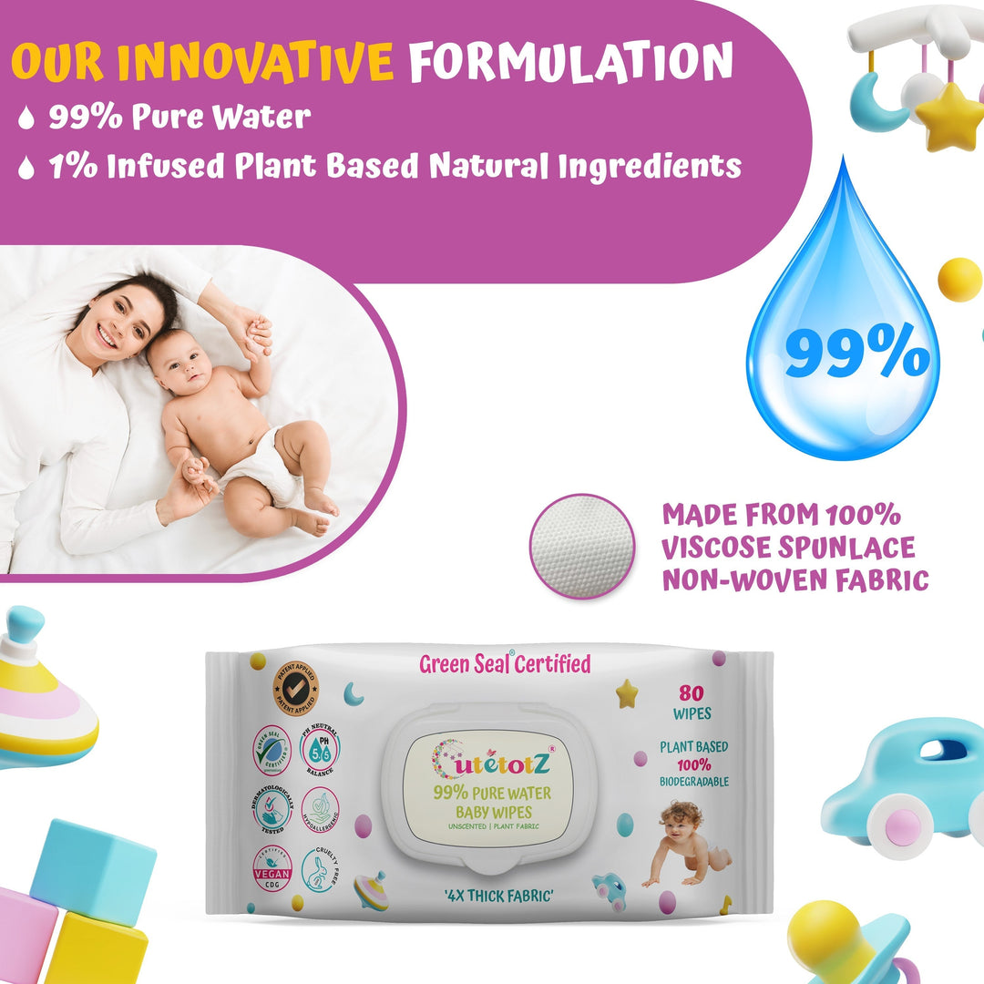 CutetotZ® Baby Wipes - Plant based, 100% Biodegradable, Green Seal® Certified, 99% Water Wipes