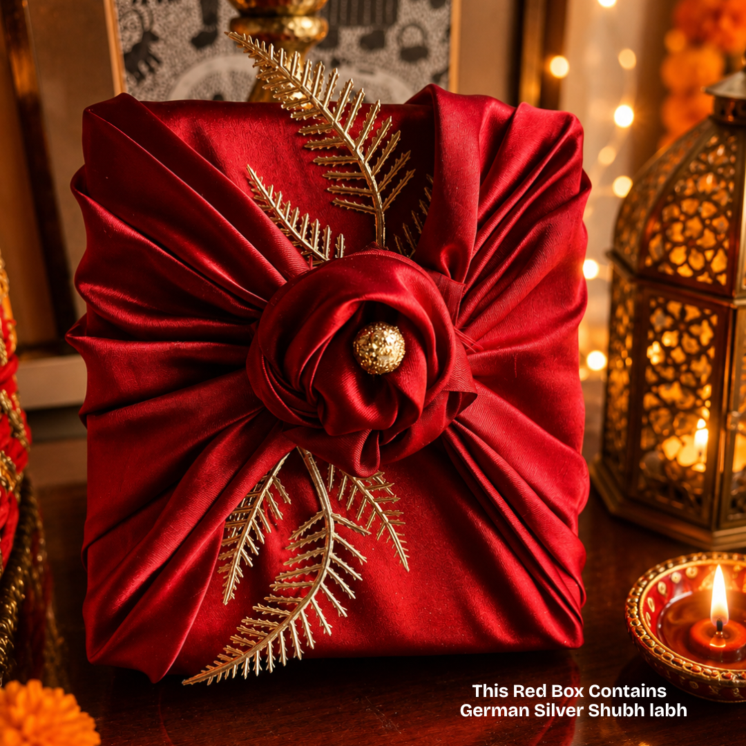 Shubh Aarambh Golden & White Festive Gift Basket | German Silver Shubh Labh & Candle