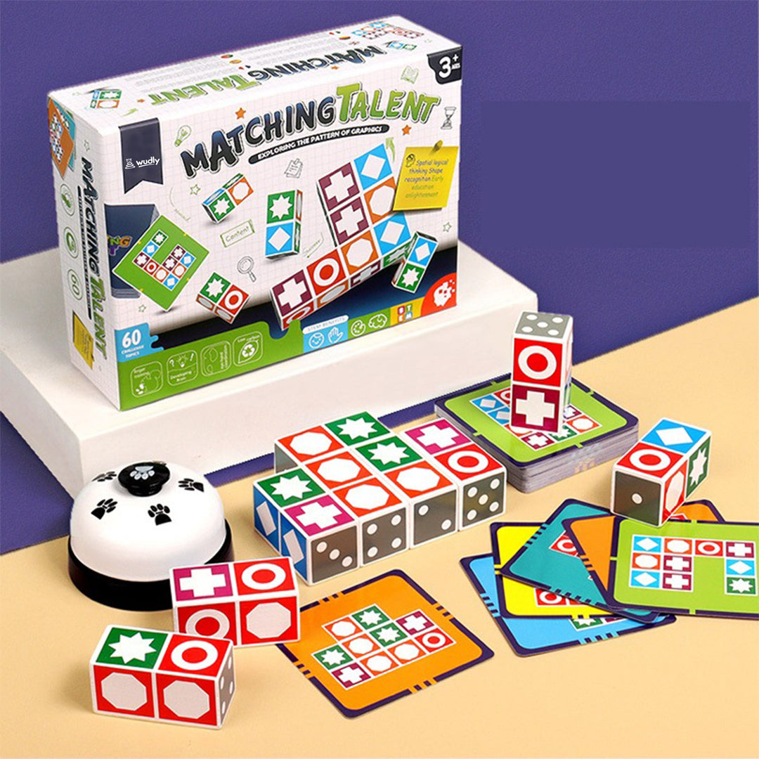Wudly - Wooden Matching Game Puzzle 4.0 Games, Pattern Block Match Puzzles Building Cubes with Bell for Kids and Adults Toys Board Games for Family, 4+ years Kids, Multi Colors, Child Safe Certified