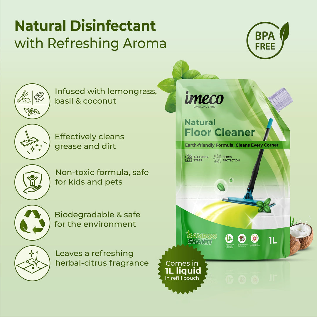 IMECO Bamboo Shakti Floor Cleaner 1L (Pouch) - Lemongrass & Basil Fragrance for All-Purpose Tile, Floor & Wall Cleaner