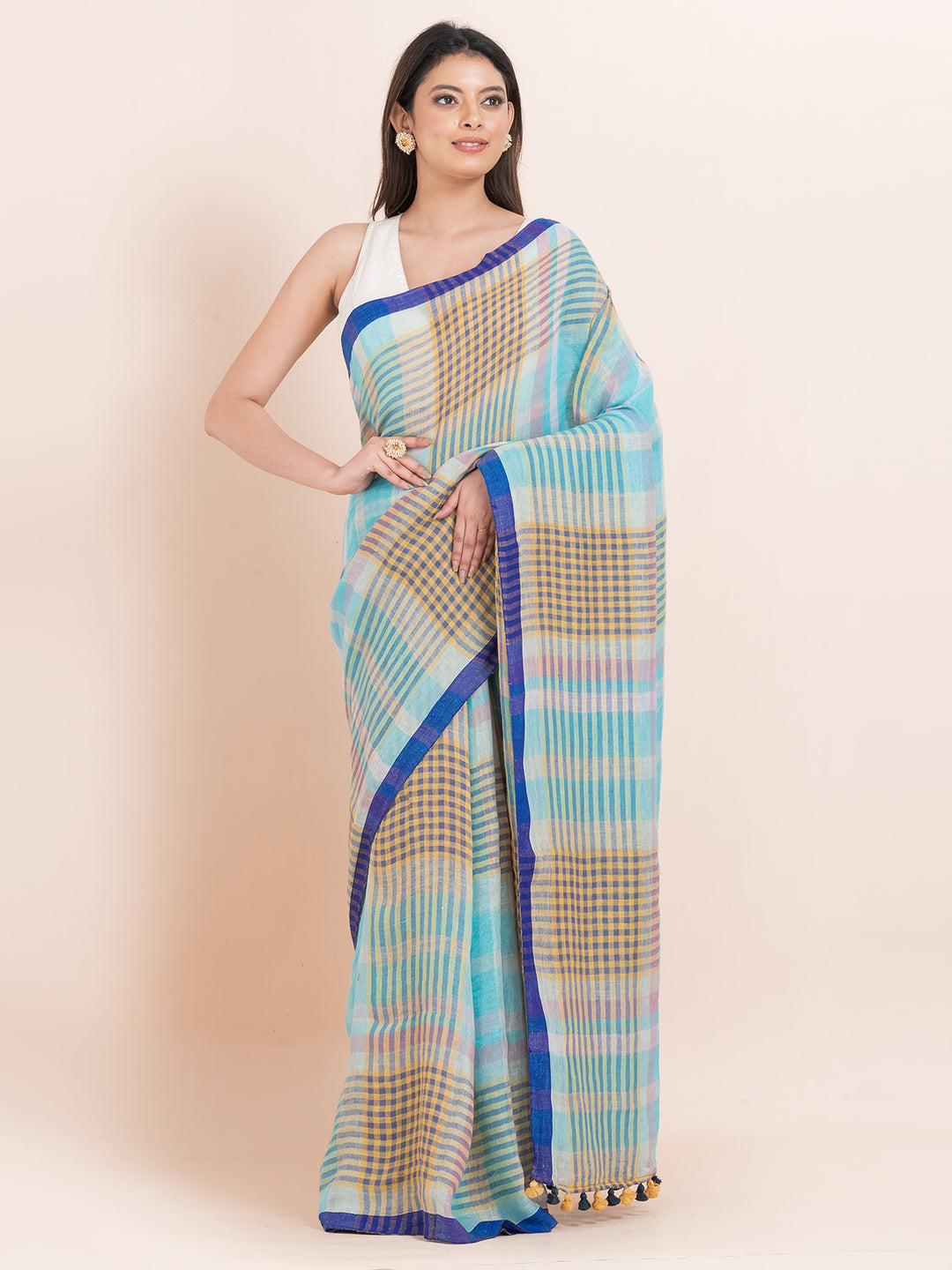 OCAU Cerulean Bliss - Pure Linen Striped Saree With  Blouse Piece  l Navy