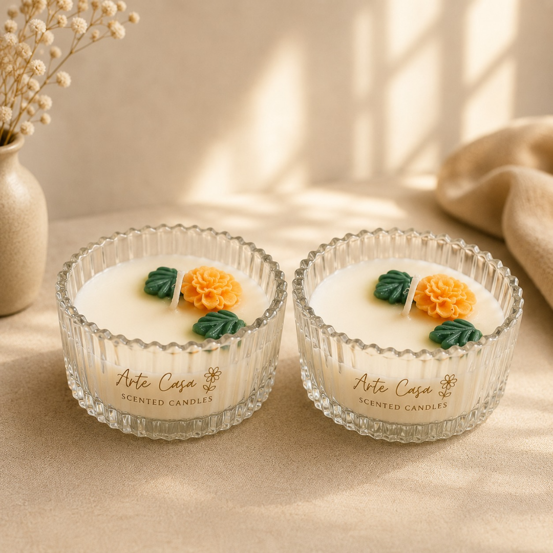 Meadow Duo Yellow & Green Glass Candle Set | Mini Genda Flower Scented Candles
