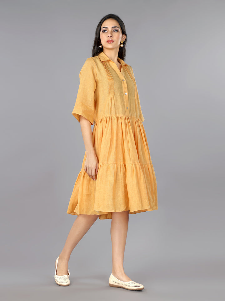Gothilo Apricot Linen Pleated Flared Dress