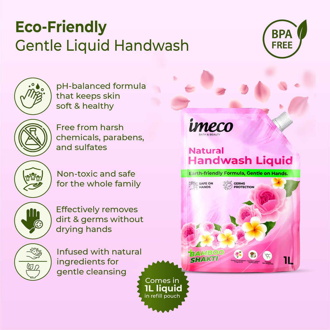 IMECO Bamboo Shakti Bath & Beauty Natural Hand Wash 1 Liter (Pouch) - pH Neutral - No Toxic Effluents, Removes Odors, 99.9% Germs Protection