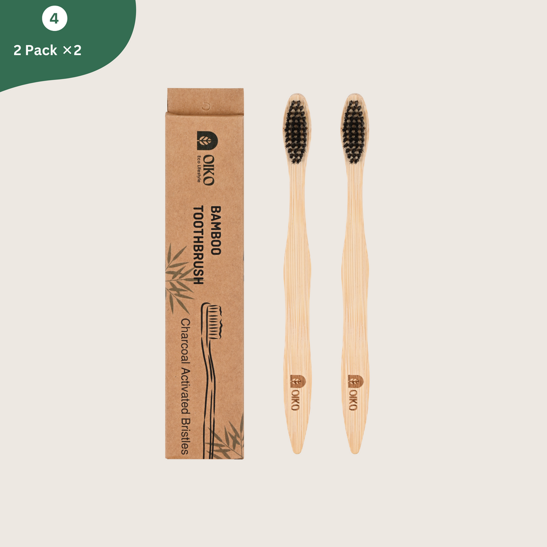 OIKO Bamboo Toothbrush with charcoal Bristles Adults pack of 4