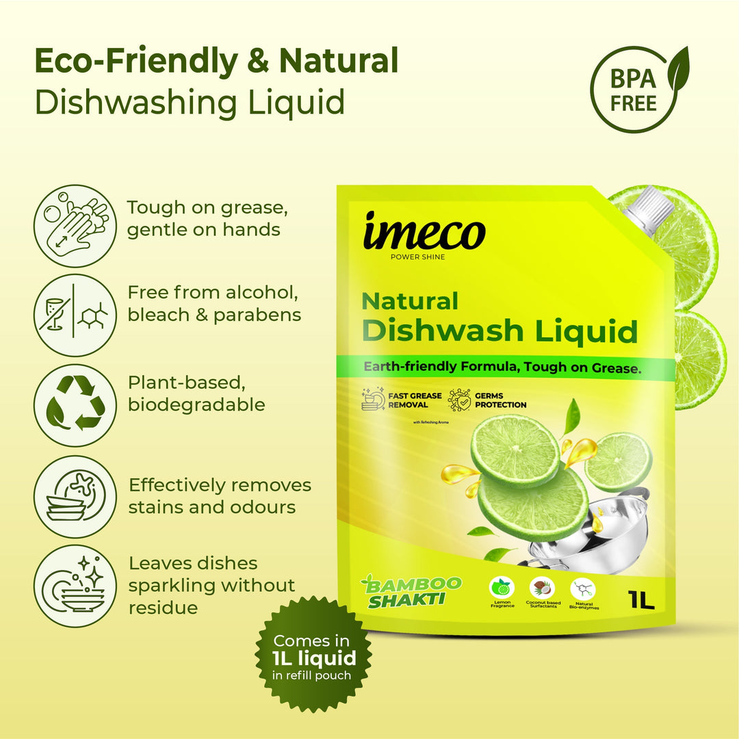 IMECO Bamboo Shakti Dishwash Liquid 1 Liter (Pouch) - Lemon Fragrance & Coconut-Based Surfactants With Natural Enzymes - Safe on Hands