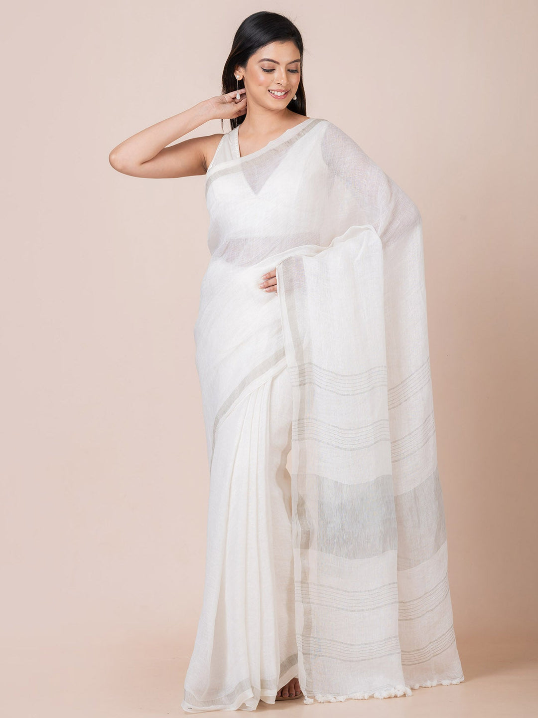 OCAU Ivory Breeze - Pure Linen Solid Saree With Zari Border Without Blouse Piece II White