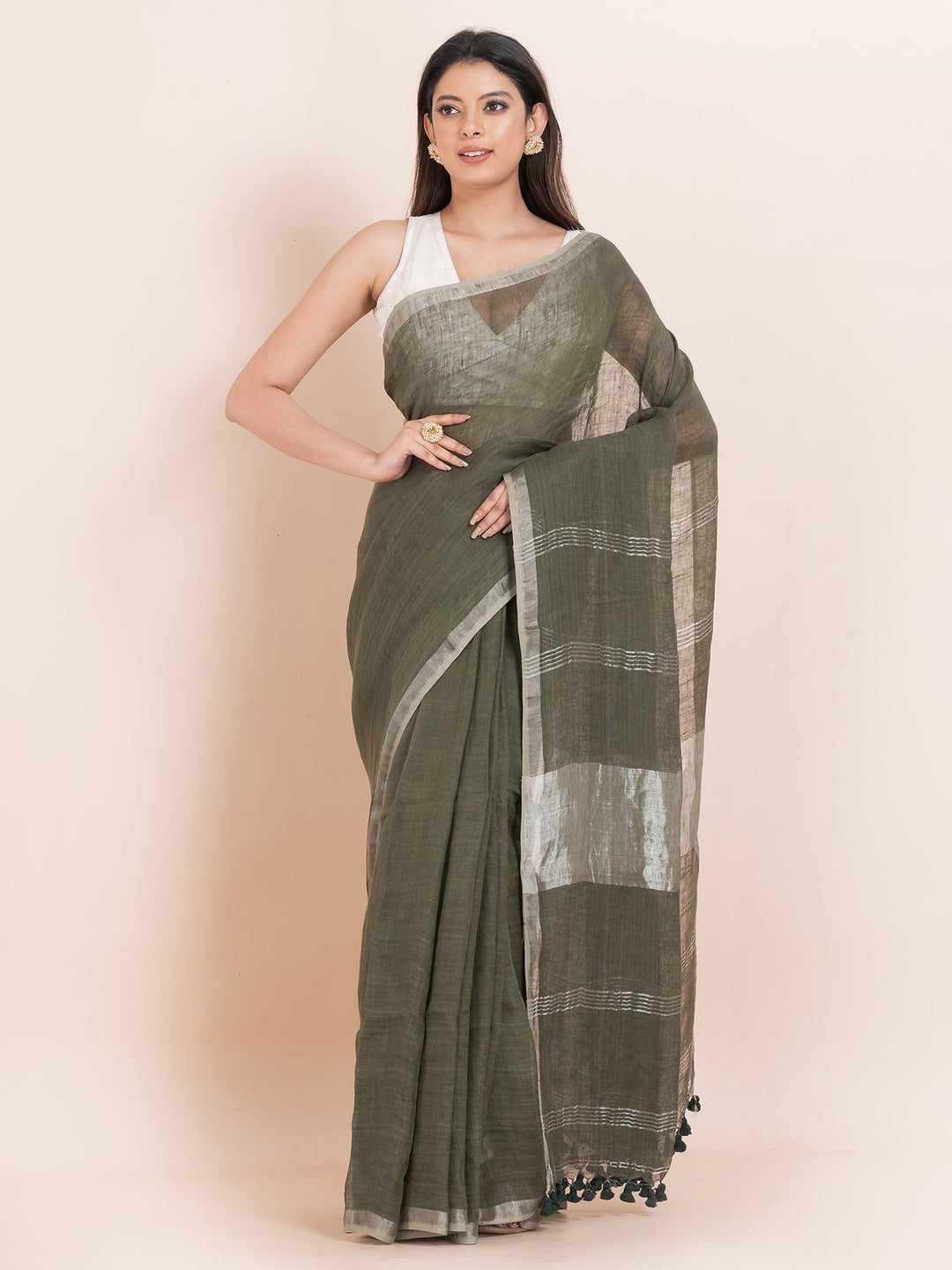 OCAU Forest Wishpers - Pure Linen Solid Saree With Contrast Border Without Blouse Piece l Avocado